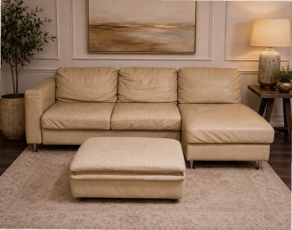 Genuine Leather Sectional Sofa Ottoman Chaise Beige Modern Modular Couch READ