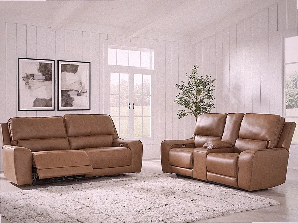 GENUINE Top-Grain Leather 2PC Power Recliner Adj Headrest Sofa Set Caramel Brown