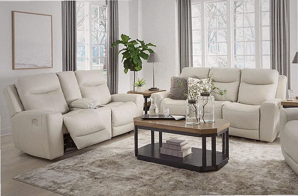GENUINE Top-Grain Leather Power Recliner & Headrest 2PC Sofa Set Cream Beige