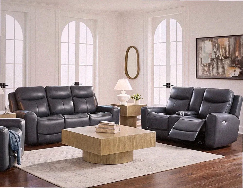 GENUINE Top-Grain Leather Power Recliner & Headrest 2PC Sofa Set Gray Blue