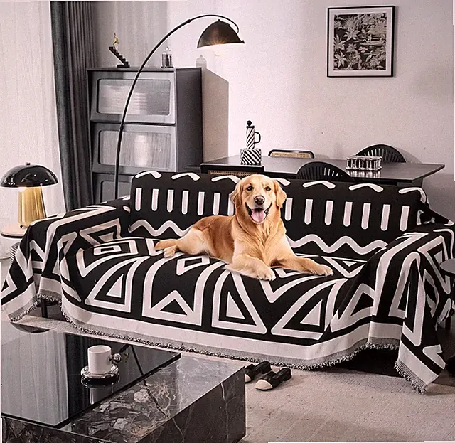 Geometric Black White Chenille Sofa Slipcover, Non-Slip, Machine Washable