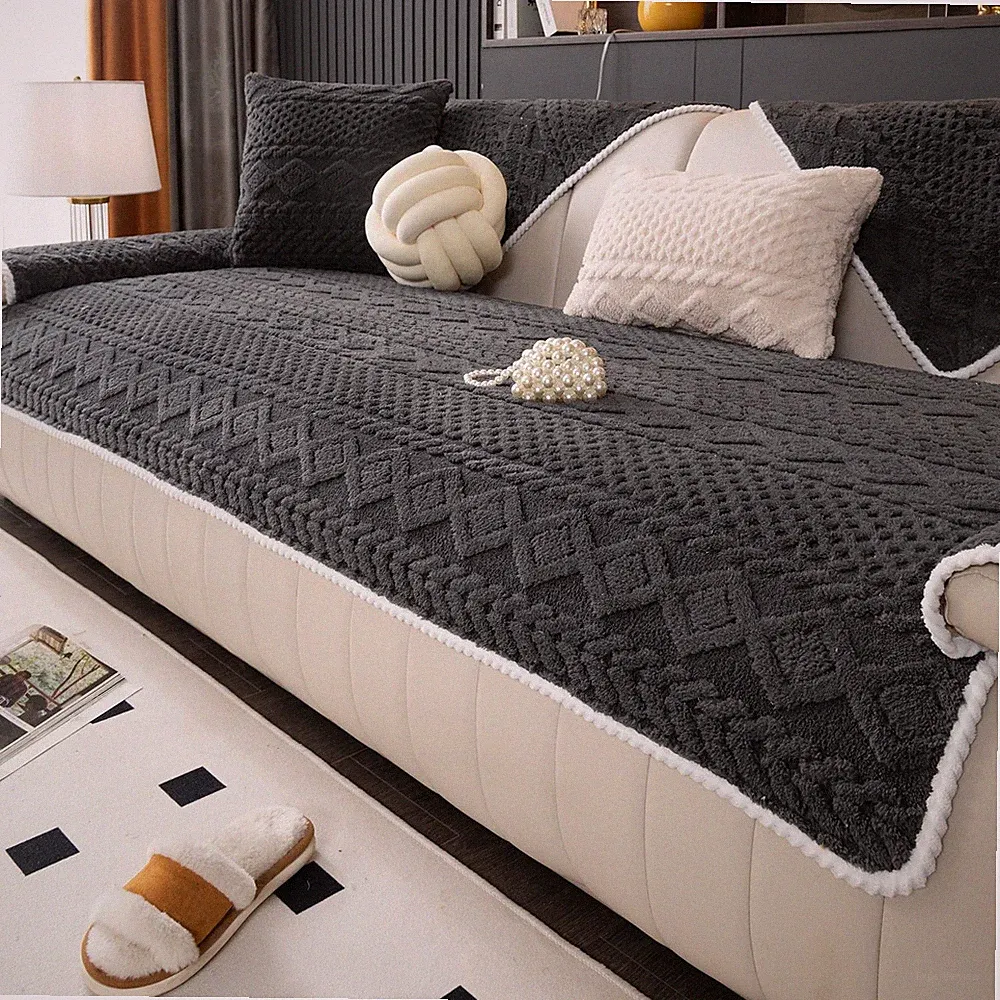 Geometric Jacquard Plush Warm Sofa Couch Cover, Soft Funny Fuzzy Couch Covers