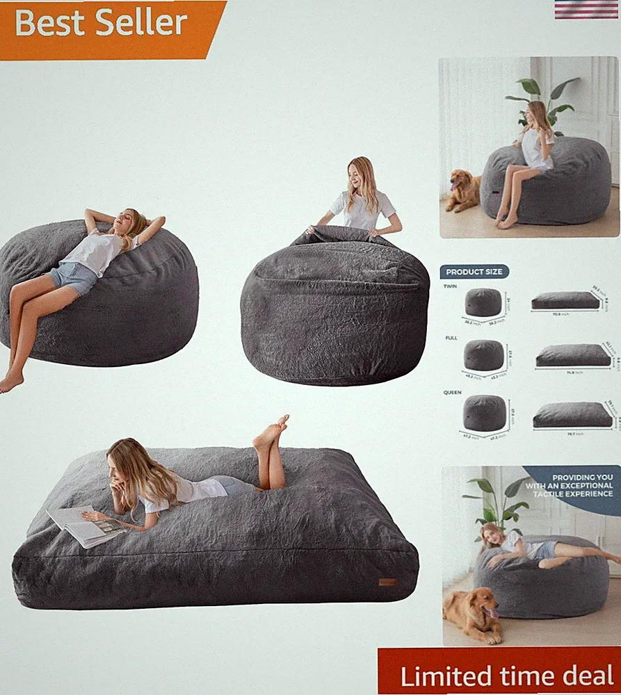 Giant Bean Bag Chair Bed for Adults, Convertible Beanbag Folds from Lazy Chai...