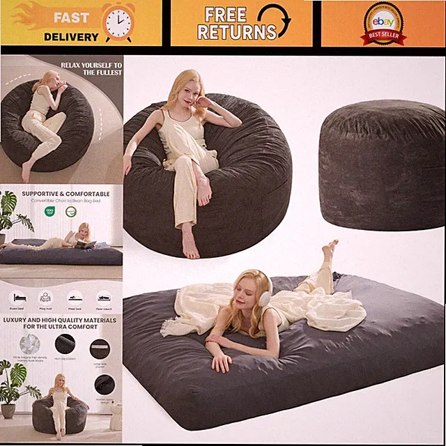 Giant Bean Bag Chair Bed for Adults - Convertible Floor Sofa, High-Density Foam