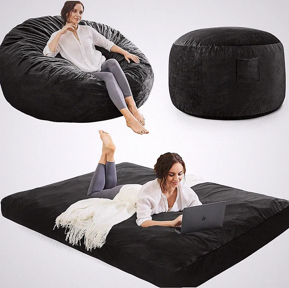 Giant Convertible Bean Bag Chair Bed - Black Microfiber Foam Sofa for Adults