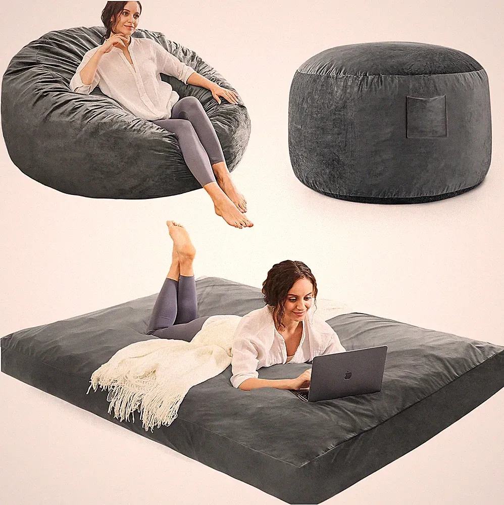 Giant Convertible Bean Bag Chair Bed - Charcoal Microfiber Floor Sofa