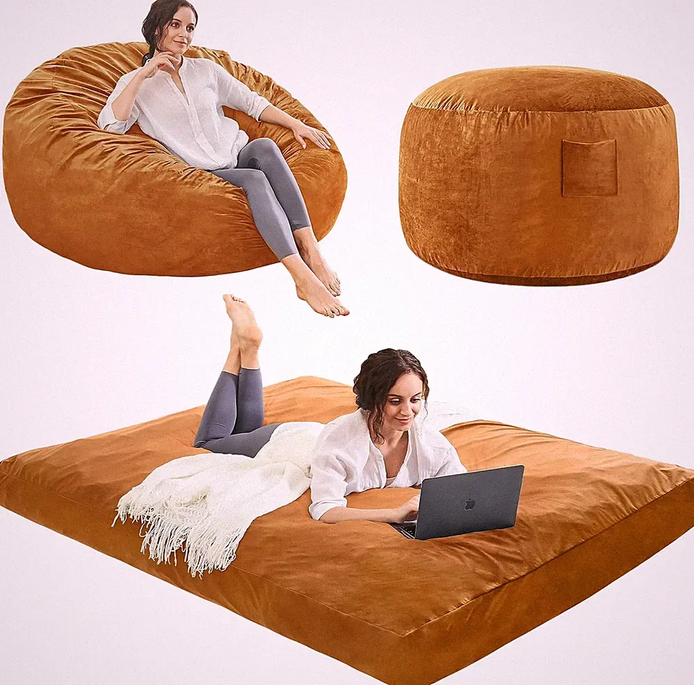 Giant Convertible Bean Bag Chair Bed - Golden Brown Microfiber Sofa for Adults