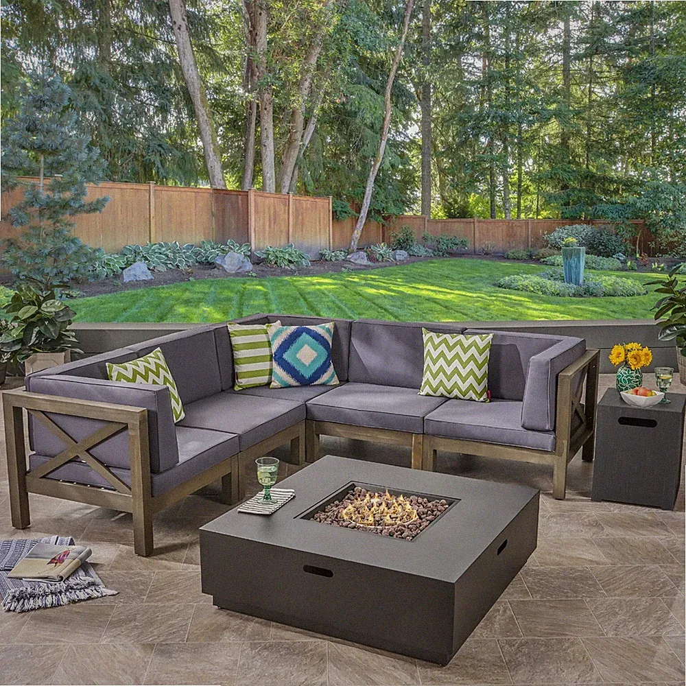 Gina Outdoor Acacia Wood 5 Seater Sectional Sofa Set with Fire Pit