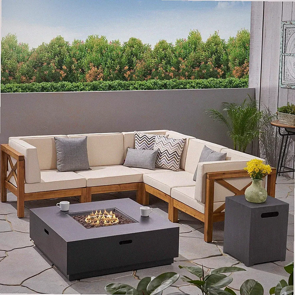 Gina Outdoor Acacia Wood 5 Seater Sectional Sofa Set with Fire Pit