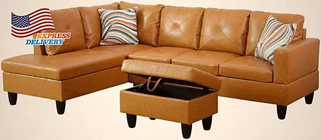 Ginger L-Shaped 3-Piece Faux Leather Sofa with Storage Ottoman Set FREE SHPPING