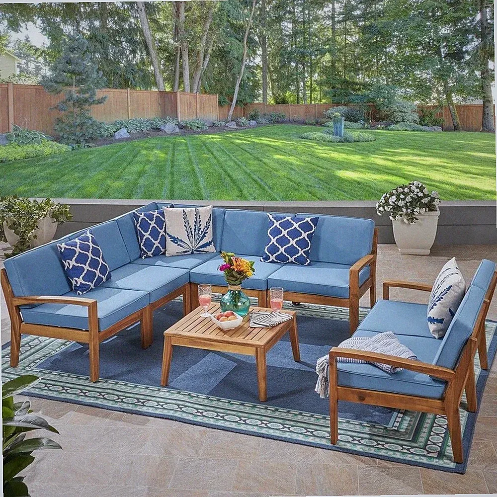 Giselle Outdoor Teak Wood Finish 7 Seater Sectional Sofa & Loveseat Coffee Table