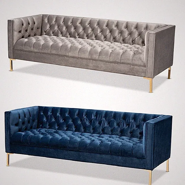 Glam Luxe Blue or Gray Velvet Button-Tufted Sofa Gold Legs