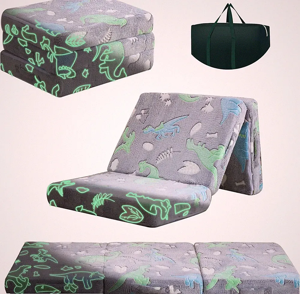 Glow Dino Foldable Floor Mattress for Kids - Trifold Nap Mat & Sofa Bed 57"x23