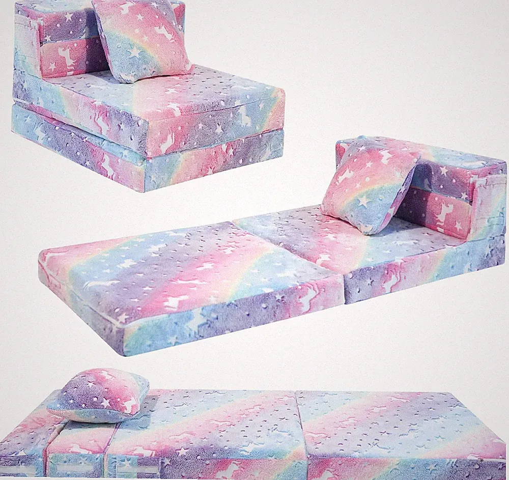 Glow Rainbow Unicorn Tri-Fold Sofa Bed for Kids, Foldable Futon Mattress, Chair