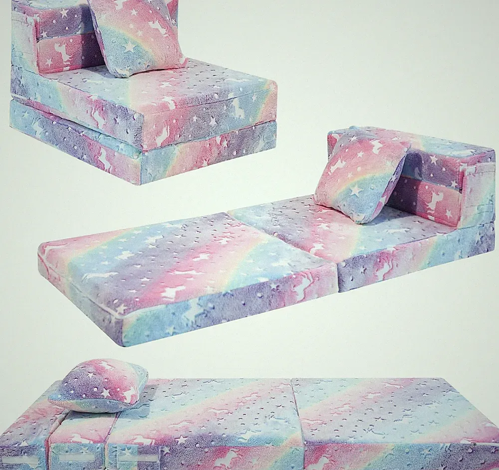Glow Rainbow Unicorn Tri-Fold Sofa Bed for Kids - Versatile Playroom Furniture