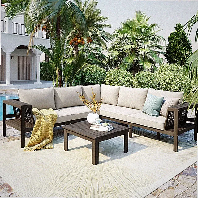 GO 4-Piece Acacia Sofa Set - L-Shaped, Mesh Arms, Coffee/Side Tables