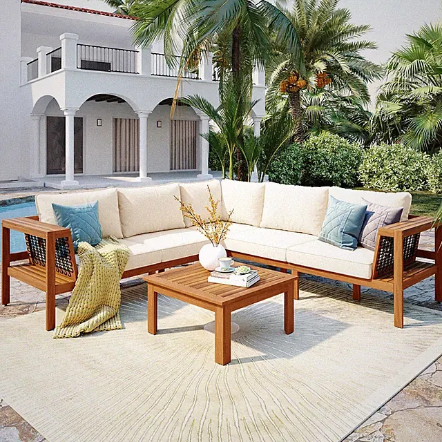 GO 4 Pieces Outdoor Acacia Wood Sofa Set, Woven Mesh Armrests, L-Shaped Patio Fu