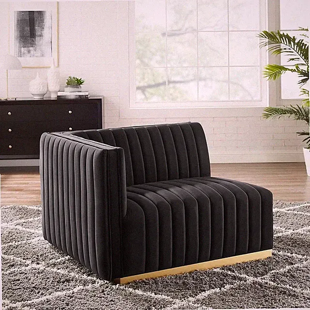 Gold & Black Velvet Sectional Sofa with Left-Arm Chair - Tufted Elegance