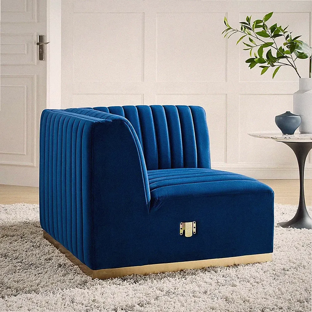 Gold Navy Velvet Tufted Right Corner Sectional Sofa Chair