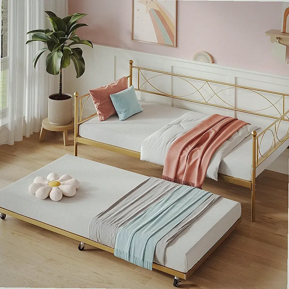 Gold Twin Daybed with Trundle - Stylish Metal Frame Sofa Bed Solution