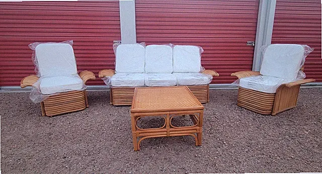Golden Girls Couch Rattan Fan Arm Furniture Sofa, 2 Chairs & Table Bamboo Wicker