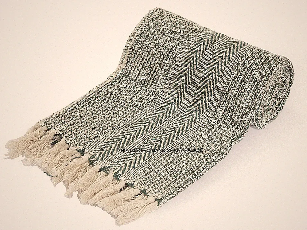 Gray 100% Cotton Herringbone Extra Large Sofa Bed Throw Rug Blanket 130 x 160 CM