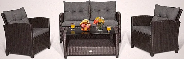 Gray 4-Piece Outdoor Rattan Furniture Set with Cushions & Glass Table