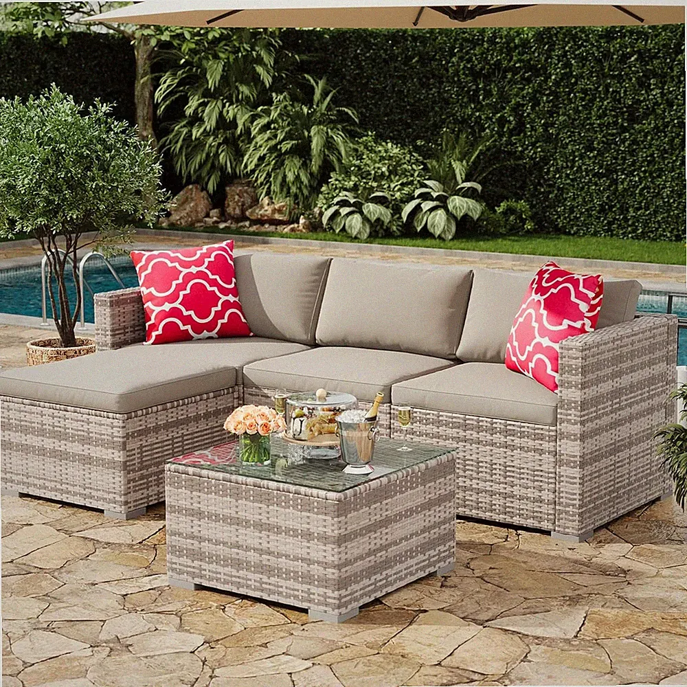Gray 5-Piece Outdoor Sectional Sofa Set with Ottoman & Glass Table