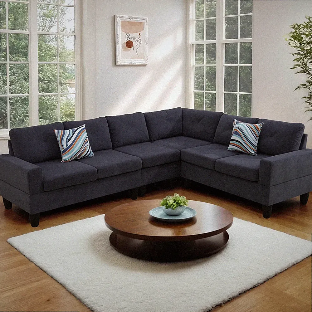 Gray 6-Seater L Shaped Sectional Sofa Modular Couch for Living Room, 2Pillows
