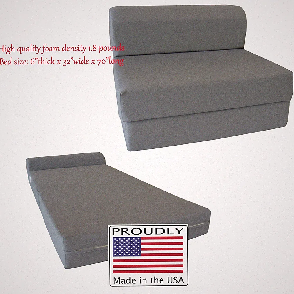 Gray 6 x 32 x 70 Sleeper Chair Folding Foam Beds, Foam 1.8 lb Density Sofa Bed