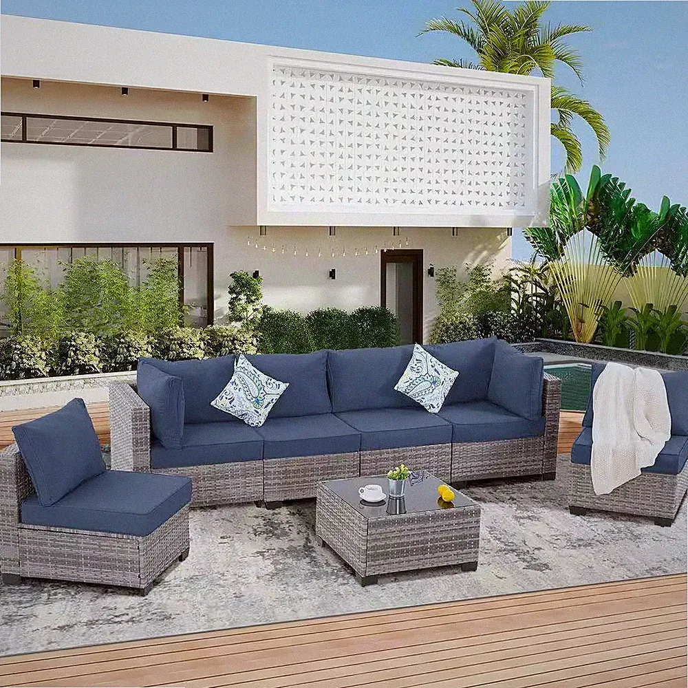 Gray 7-Piece Wicker Outdoor Sectional Set with Cushionguard Navy Blue Cushions