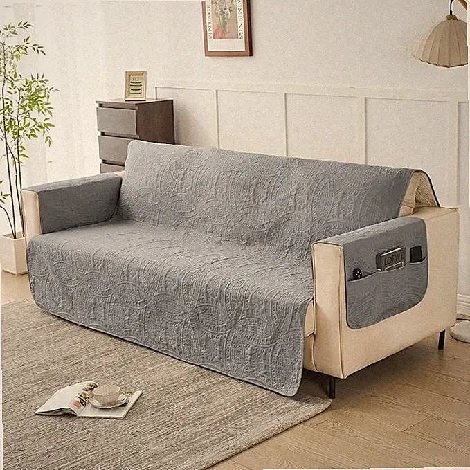 Gray 88" Sofa Slipcover Non-Slip Washable Couch Cover with Pockets