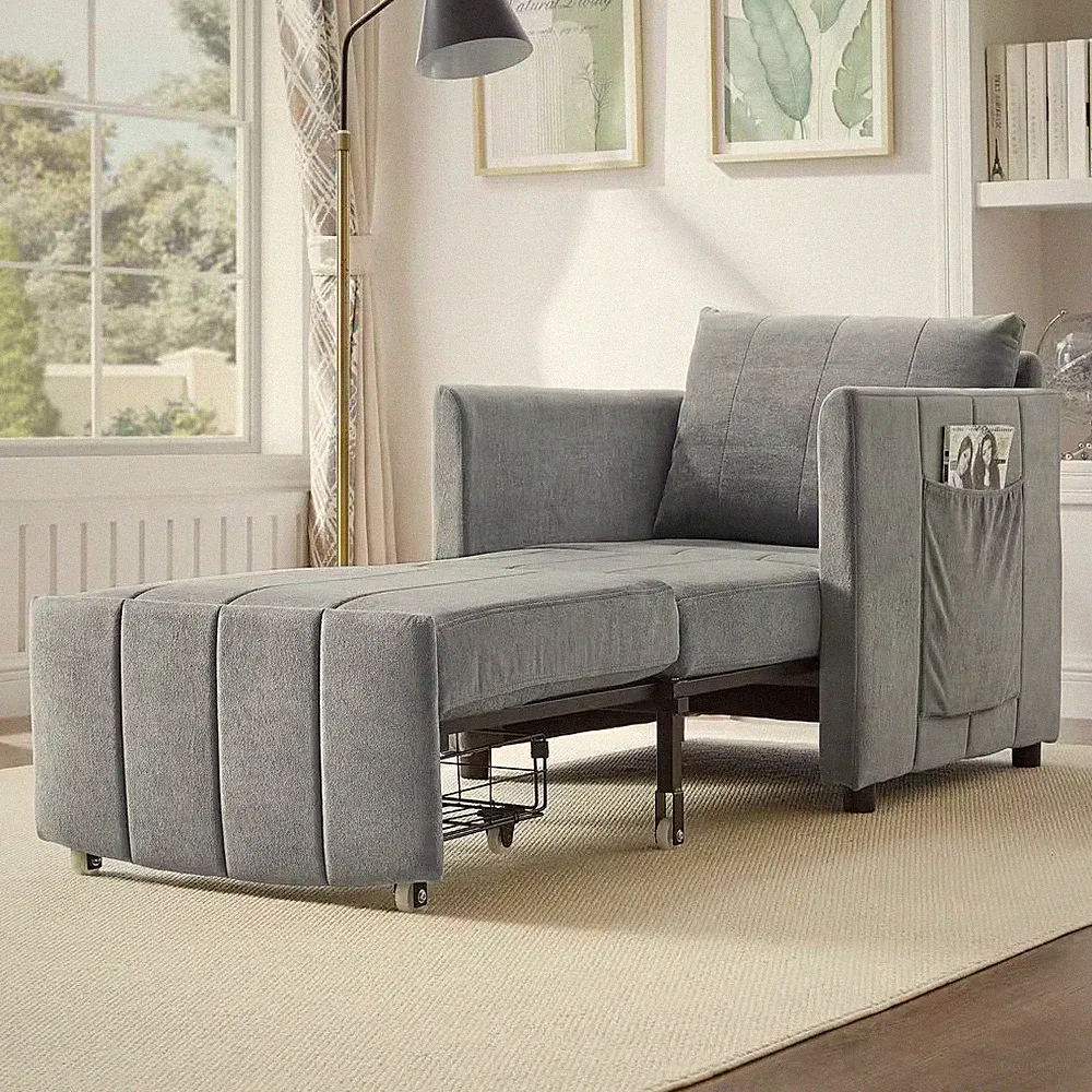 Gray Chenille Arm Chair Convertible Sofa Bed with 5-Position Adjustable Backrest