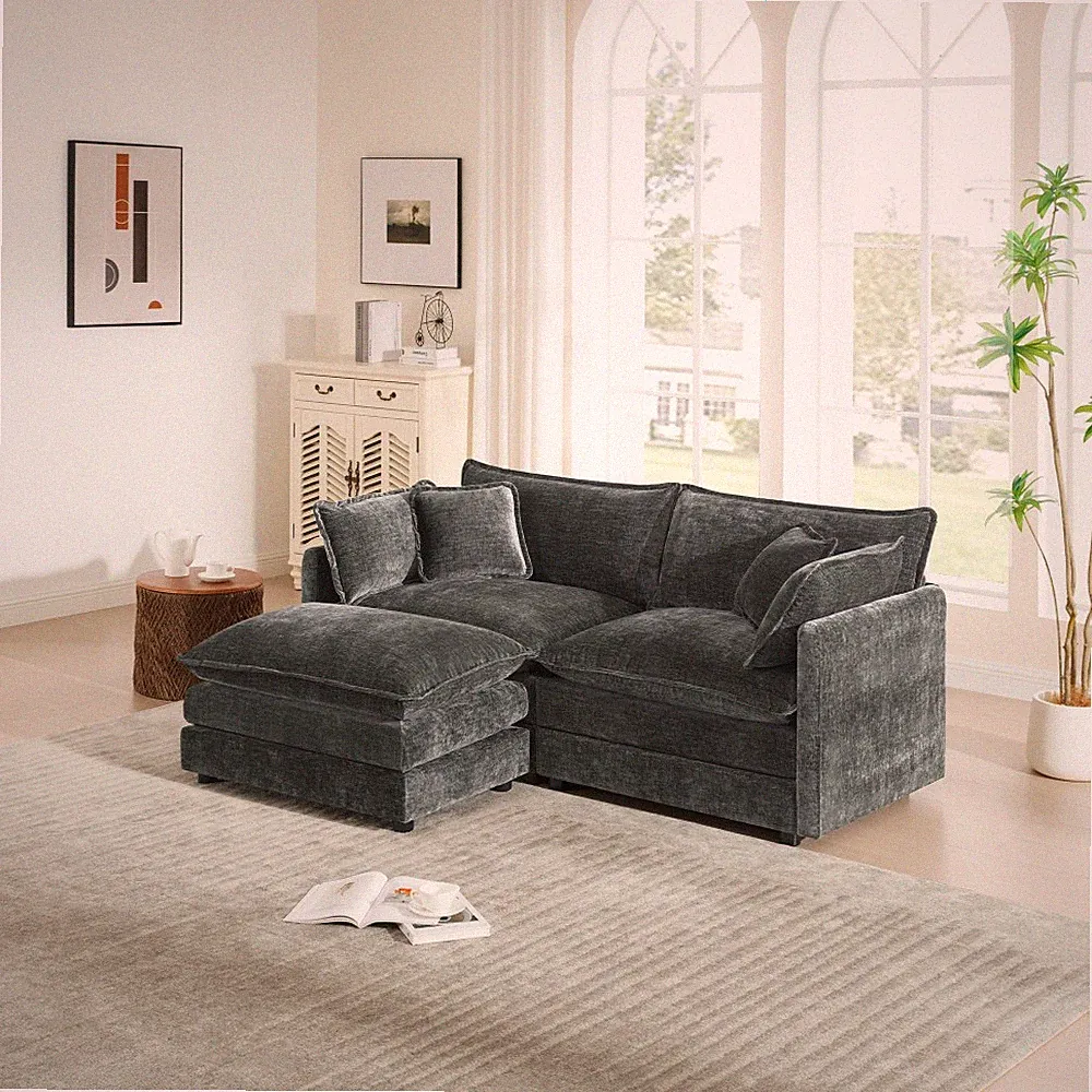Gray Chenille L-Shaped Sectional Sofa with Ottoman for Small Spaces