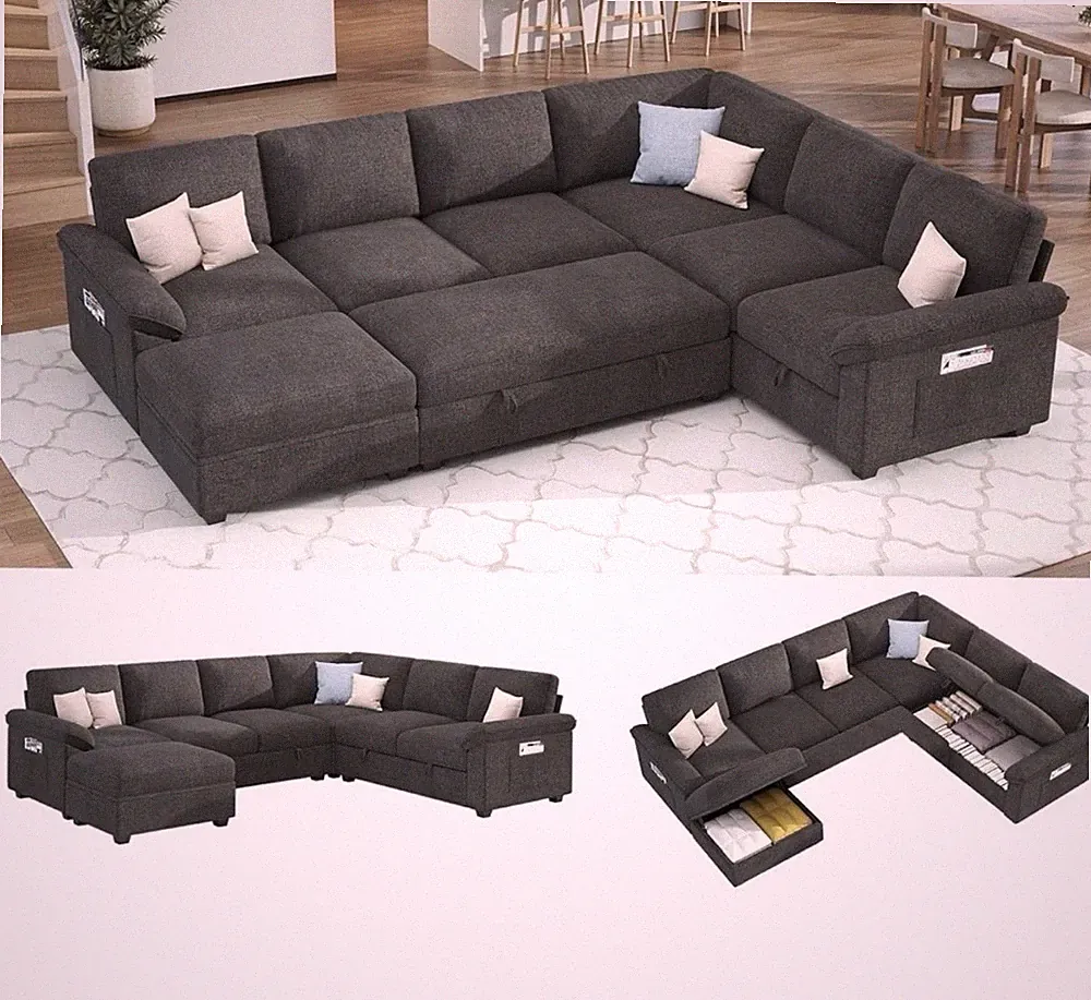 Gray Convertible Sectional Sofa Couch w/ Storage Chaise Pull-Out Sleeper Style