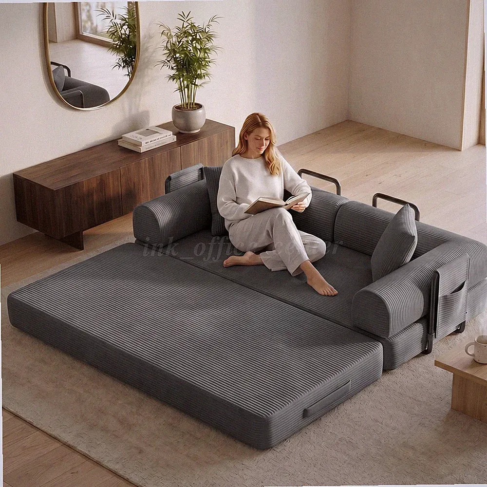 Gray Corduroy 78"Convertible Sofa Bed Portable Guest Room Dorm Home Office Bed