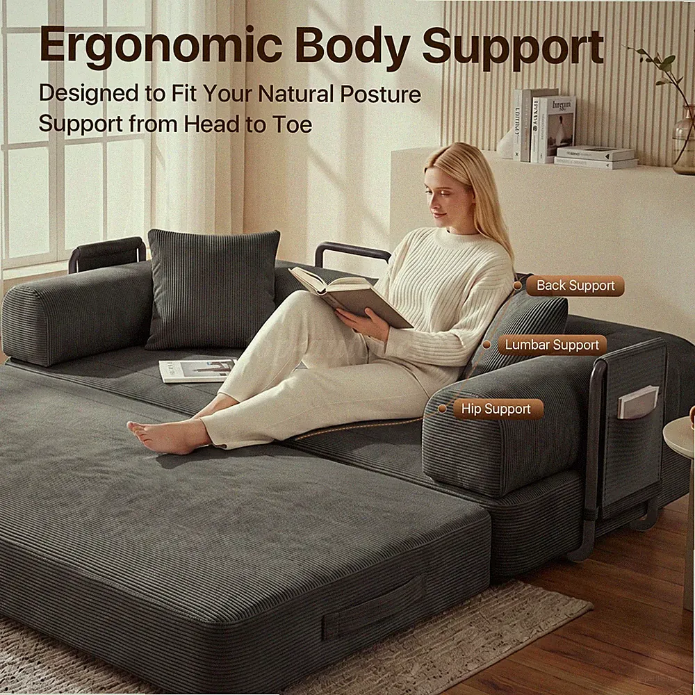Gray Corduroy 78In Convertible Sofa Bed Portable For Dorm Guest Room Home Office