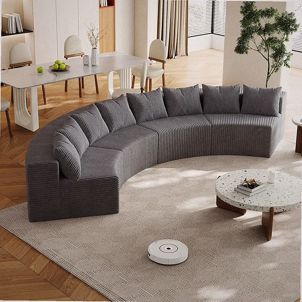 Gray Corduroy Curved Sectional Sofa - 4 Seater Modular Couch for Living Room