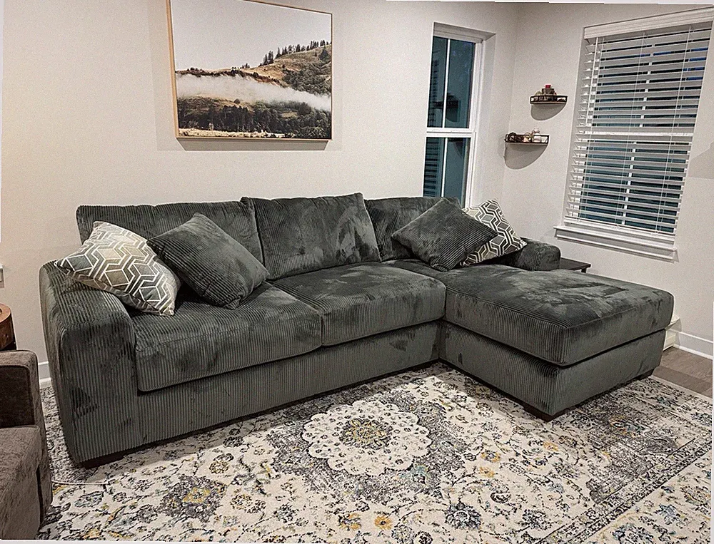 Gray Corduroy Sectional Sofa w/ Chaise, 3-Seater, 118.5 x 69 x 37 in
