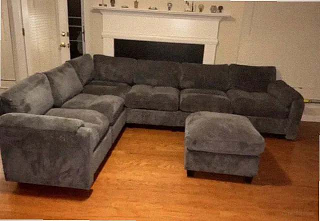 Gray Corduroy Sectional Sofa w/ Ottoman, Removable Cushions, Wood Frame