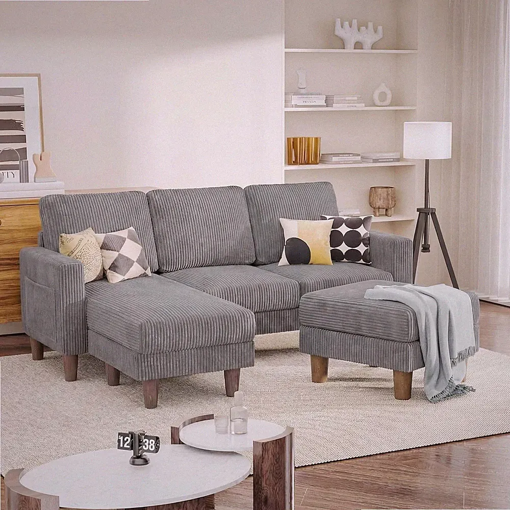 Gray Corduroy Sectional Sofa with Chaise Removable Ottoman Wooden Legs Ribbed
