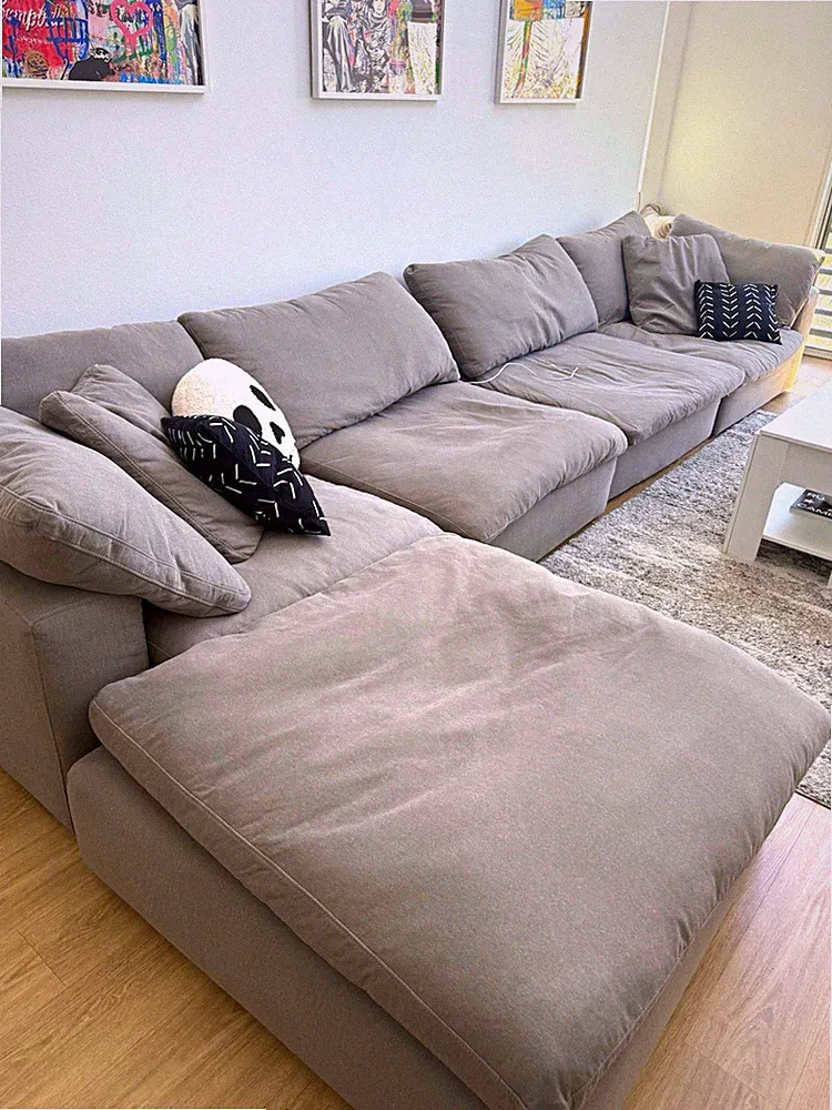 Gray Cotton Sectional Sofa w/ Chaise, Modern Solid Wood Frame, 6+ Seats