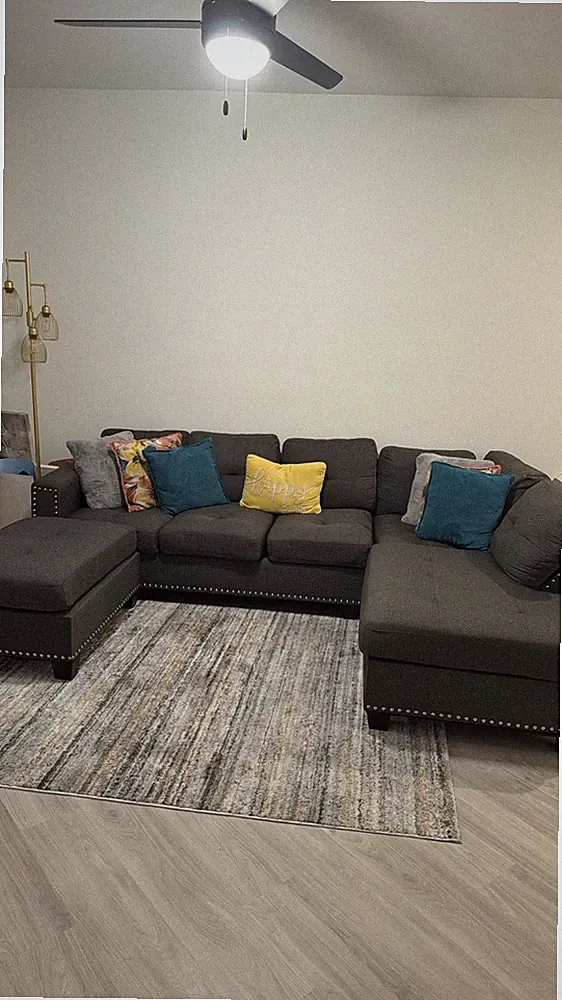 Gray Cotton Upholstery Sectional Sofa w/ Chaise, Nailhead Trim, Solid