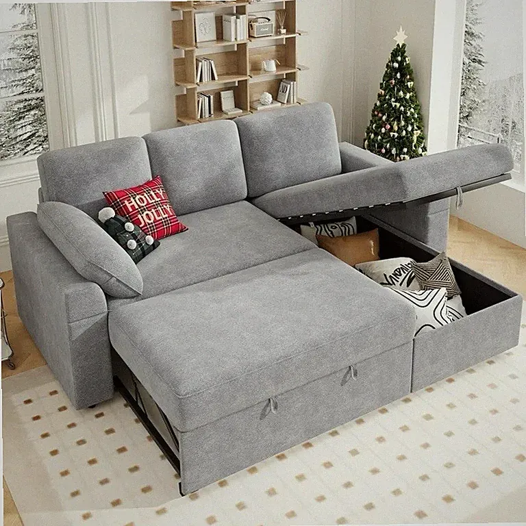 Gray Fabric Convertible Sleeper Sofa w/ Pull-Out Bed & Storage Chaise, 3-Seat