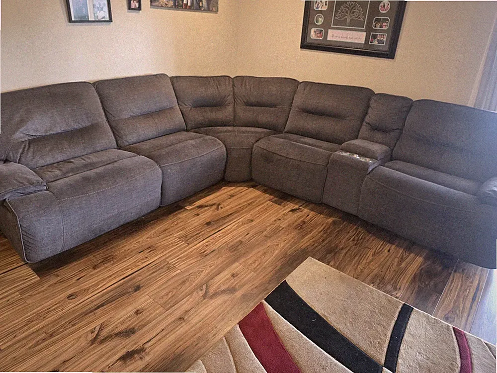 Gray Fabric Corner Reclining Sectional Sofa, High Back, Track Arms, Cup Holders