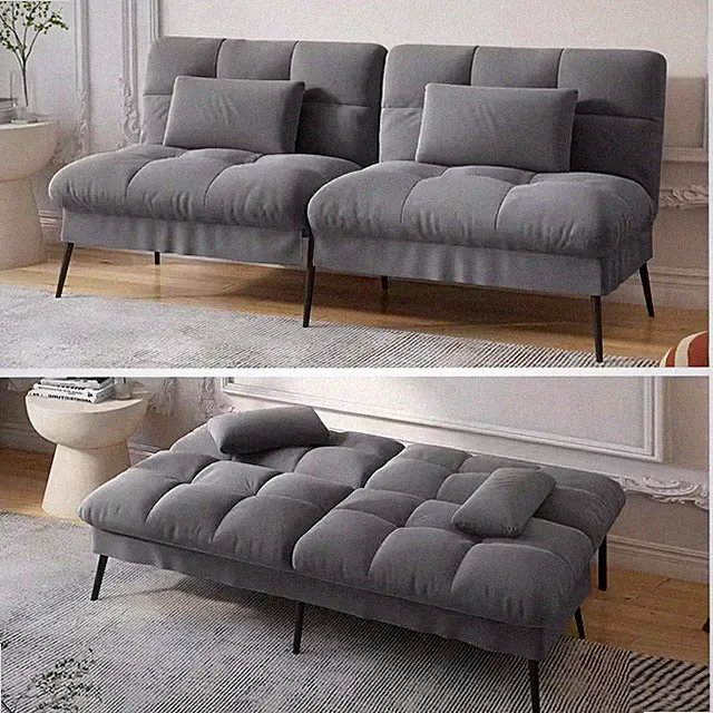 Gray Fabric Futon Couch with Adjustable Backrest Convertible Futon Sofa Bed with
