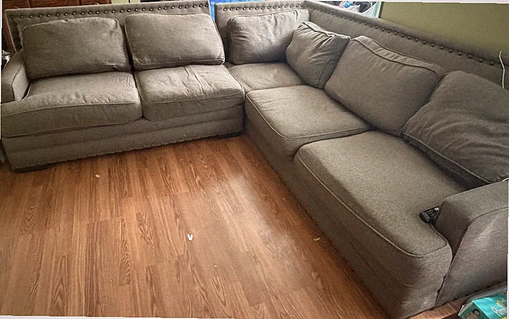 Gray Fabric Sectional Sofa, Removable Cushions, High Back, Seats 6+.