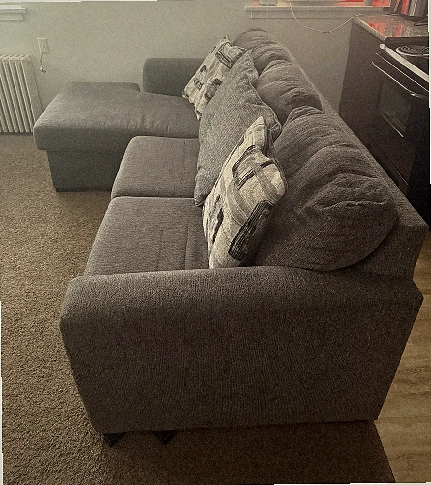 Gray Fabric Sectional Sofa w/ Chaise, Cushion Back, Pillows, Wood Frame