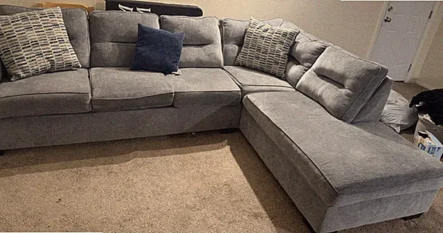 Gray Fabric Sectional Sofa w/ Chaise & Cushions, Solid, 122"L x 83"W