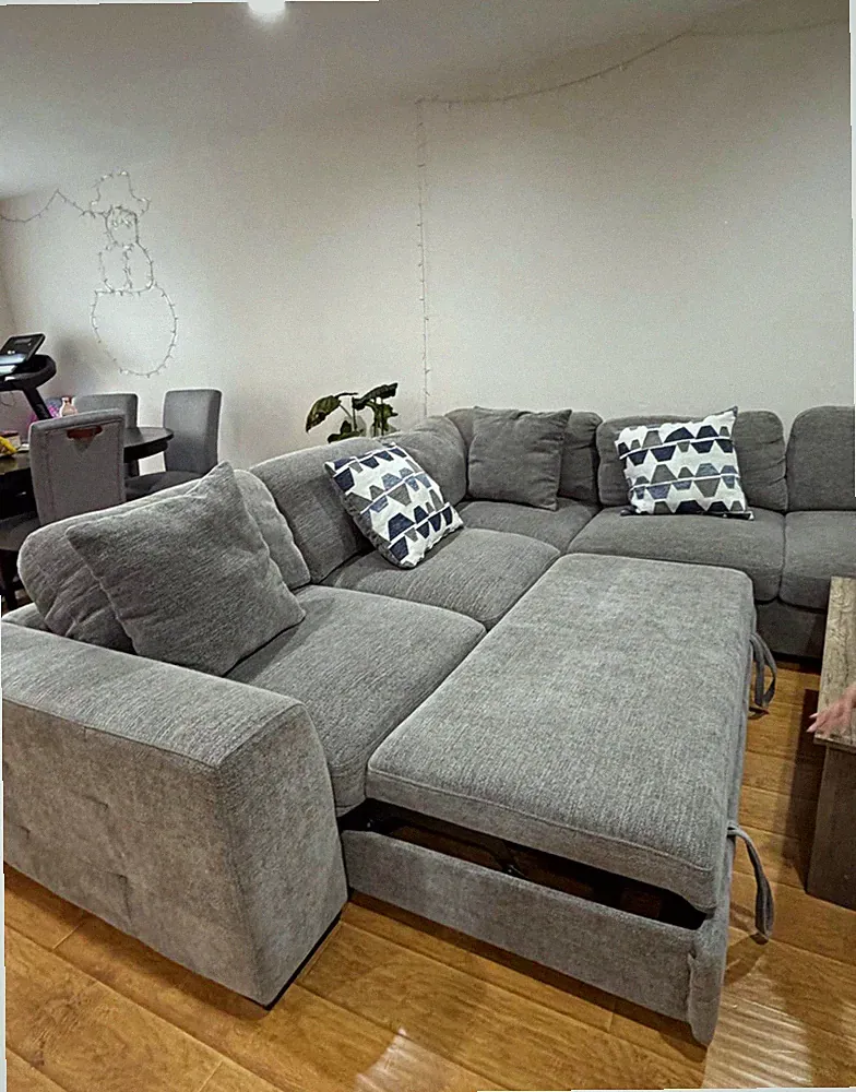 Gray Fabric Sectional Sofa w/ Chaise, Storage Ottoman, Wood Frame, Solid